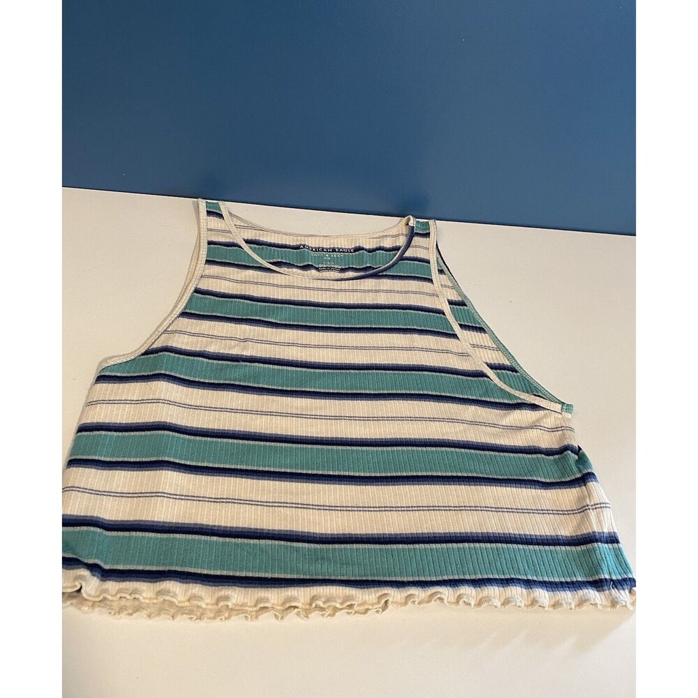 American Eagle Soft Sexy Tank Top Shirt Womens Large Blue White Cropped Ruffles